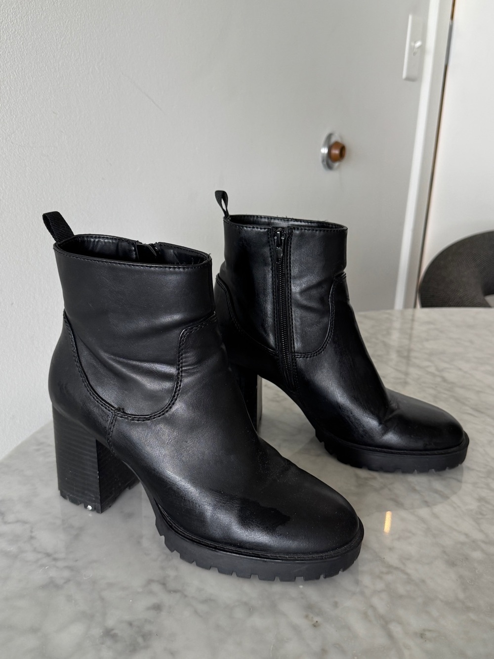 Mango MNG Black Leather Lug Sole Block Heel Ankle Boots